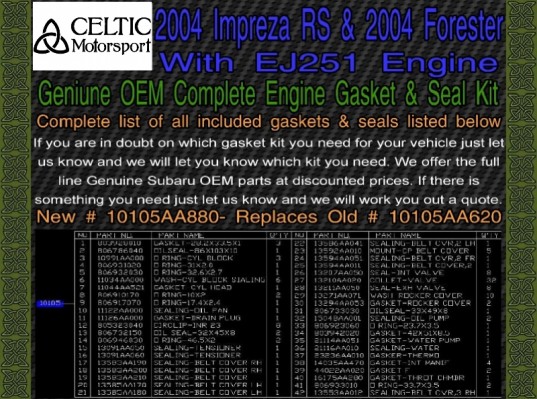 Subaru OEM Engine Gasket Kit 2004 Impreza RS & 2004 Forester EJ251