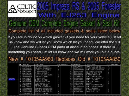 Subaru OEM Engine Gasket Kit 2005 Impreza RS & 2005 Forester EJ253