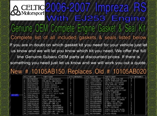 Subaru OEM Engine Gasket Kit 2006-2007 Impreza RS EJ253 2.5L Non Turbo