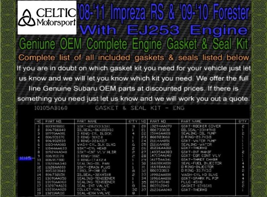 Subaru OEM Engine Gasket Kit '08-'11 Impreza RS '09-'10 Forester EJ253